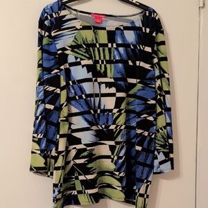 Vintage Sunny Leigh Blue/Green Abstract Long Sleeve Tunic, Slightly Flared Hem